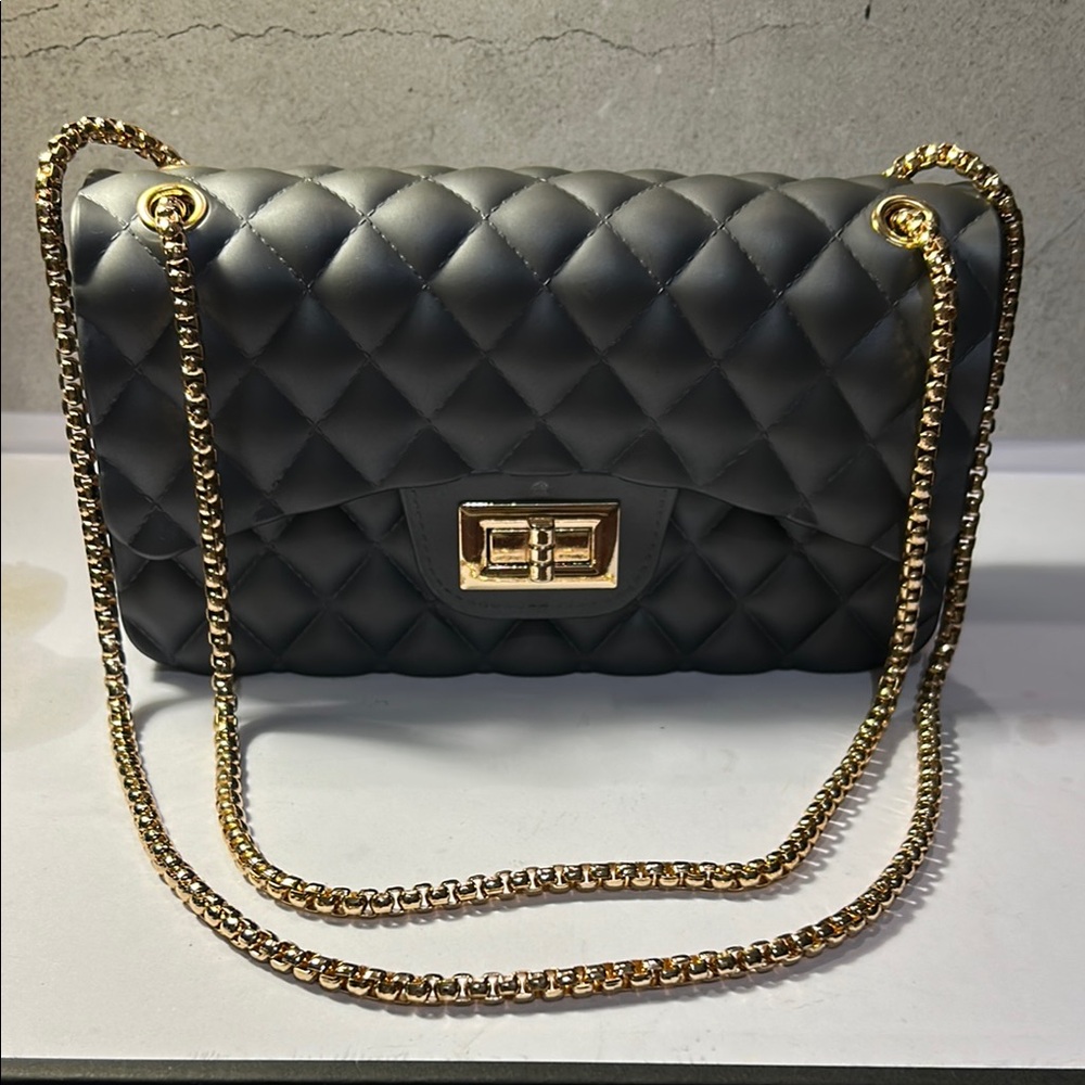 Elegant Dark Gray Quilted Jelly Bag with Gold Chain